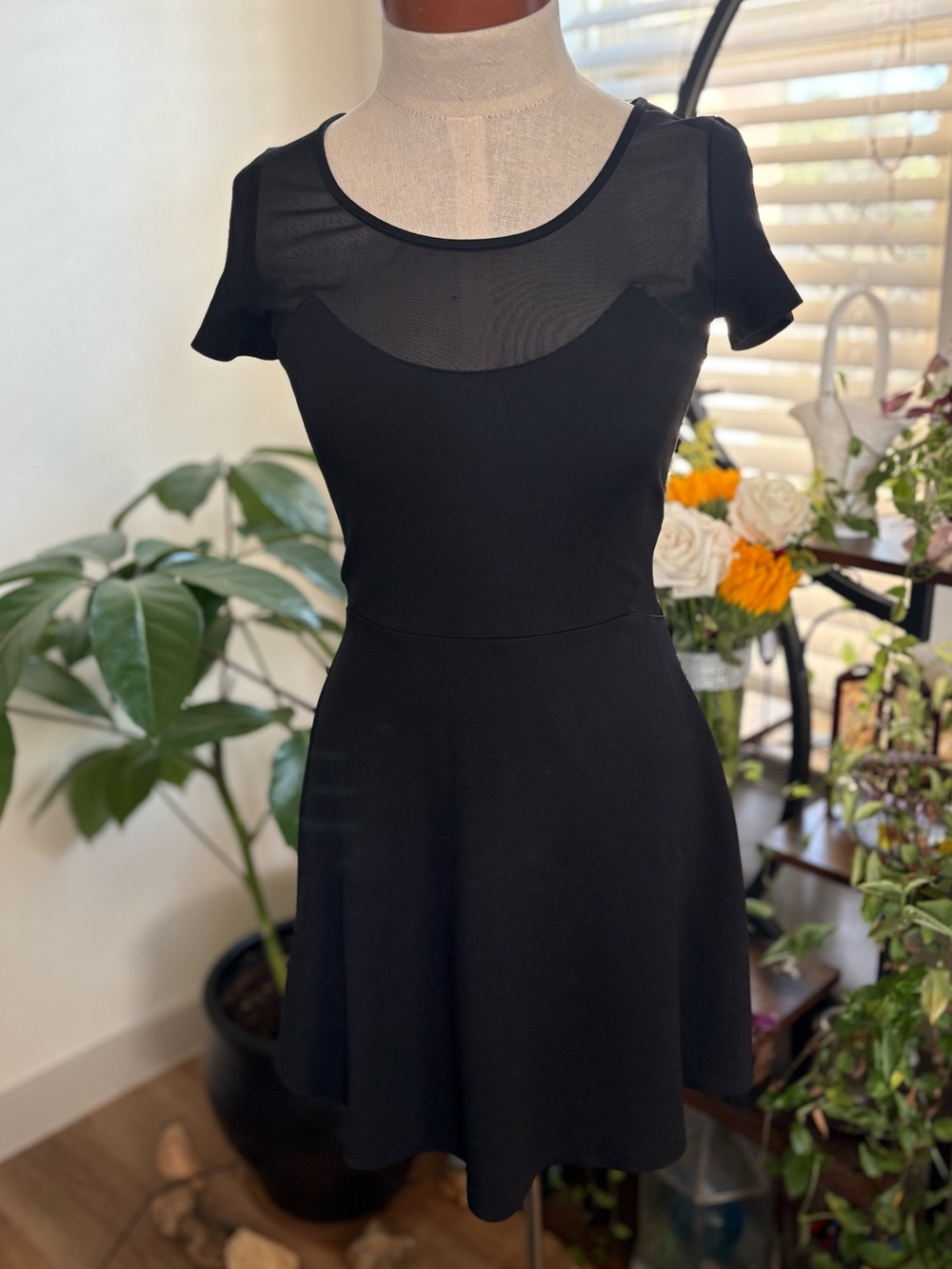 LIKE MYNDED Black Short-Sleeve Mini Dress with Sheer Cutouts & Skater Skirt GUC